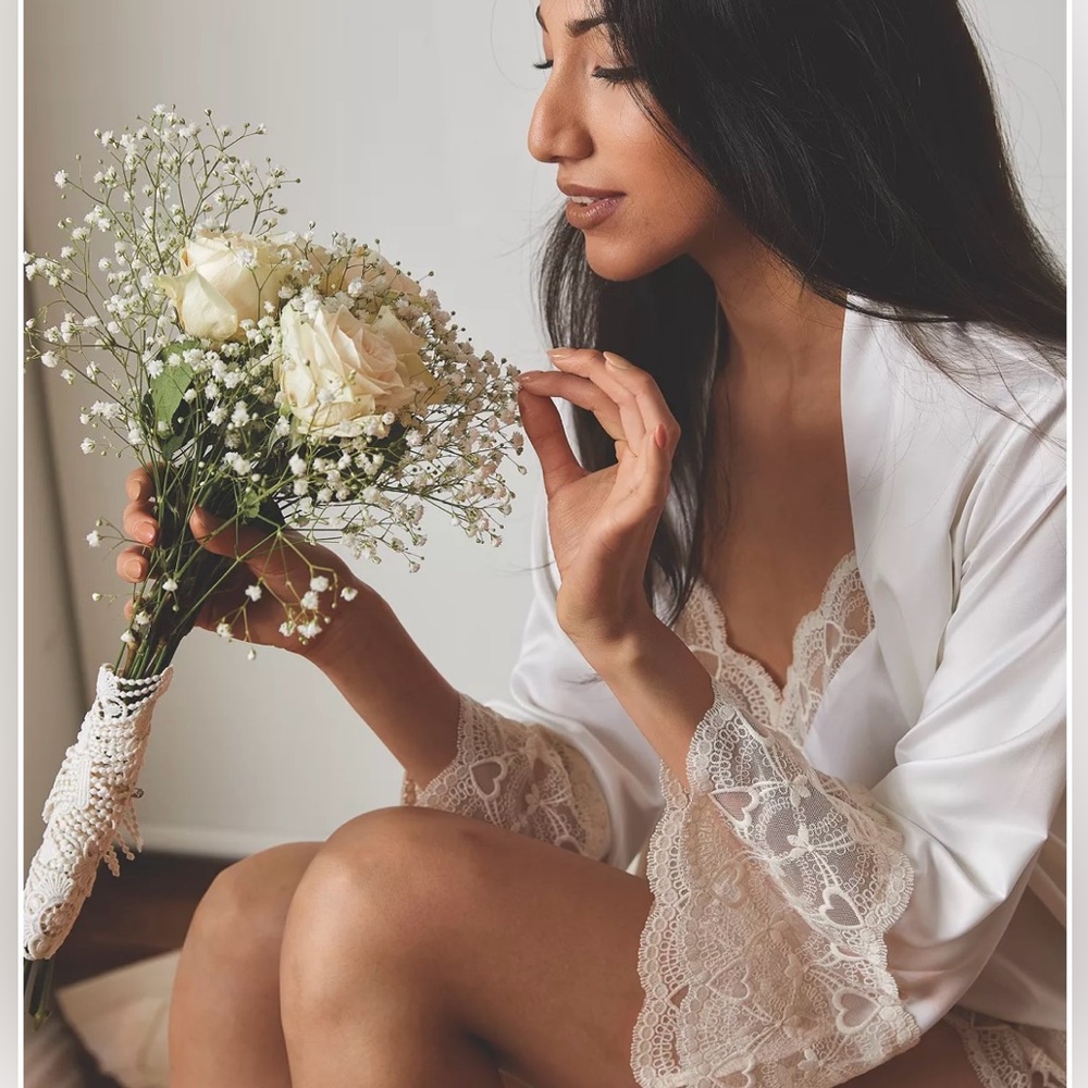 luxe bridal satin robe with heart lace embroidery